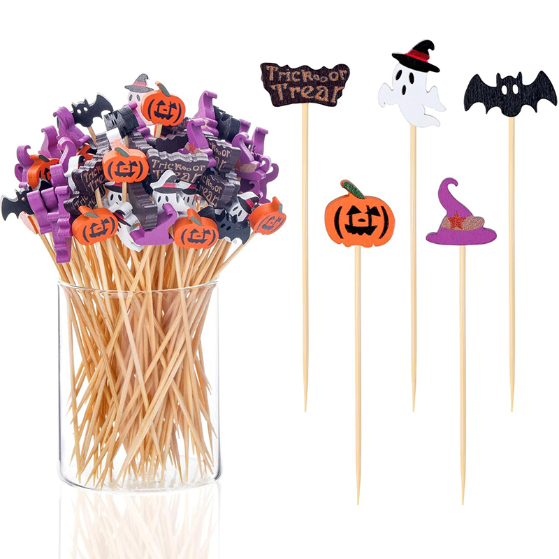 Centerpiece Stick - ไม้จิ้มฟันสำหรับปาร์ตี้ฮาโลวีน 50/100 ชิ้น ไม้จิ้มผลไม้ไม้ไผ่แบบใช้แล้วทิ้ง ลายฟักทอง ผี